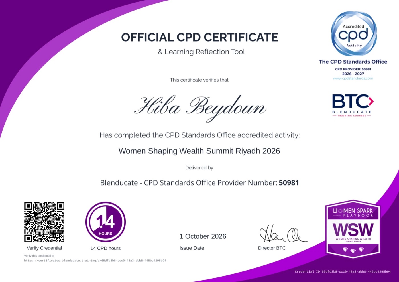 CPD certificate: Women Shaping Wealth Summit Riyadh 2026